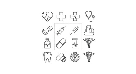 Medical icon set. Healthcare line icons collection. Medicine and hospital symbols. Vector graphic pack with heart, EKG, syringe, pill, brain, tooth, and caduceus signs.