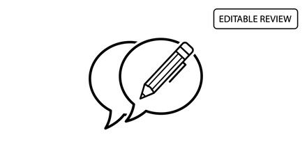 Editable review and feedback line icon. Writing a comment or message. Chat bubble with pencil for testimonials. Customer opinion, survey, and suggestion symbol concept.