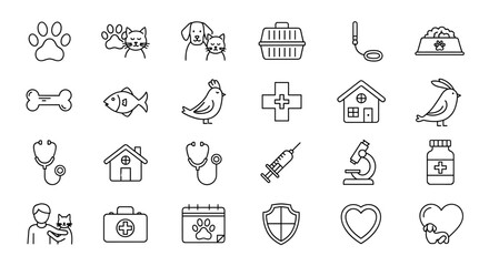 Big vector set of veterinary line icons. Pet care, animal health. Dog, cat, bird, fish. Vet clinic, hospital, medicine, grooming, food, insurance, adoption concepts.