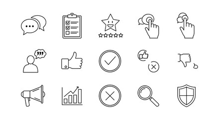 Feedback and review line icon set. Customer satisfaction, survey, rating and testimonial symbols. Business communication, marketing analytics and user experience interface elements.