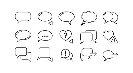 Speech bubble line icon set. Chat message, dialog box, and communication symbols. Vector talk and thought balloon collection. Question mark, heart, warning, and send signs.