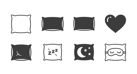 Pillow and sleep icons set. Bedtime and rest concept. Vector graphic elements for web and app design. Relaxation, dream, comfort symbols. Snoring zzz, night moon, sleep mask.