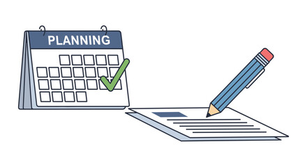Planning schedule, business organization, and time management concept. Desk calendar with a green check mark for successful task completion. Pencil writing a list on a document.