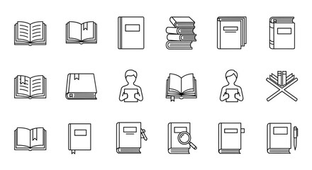 Book icon line set for education and study. Reading, library, knowledge and learning concept. Open book, stack of books, literature, student, research, textbook, dictionary vector.
