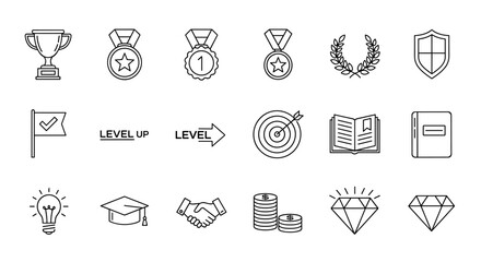 Achievement and success line icon set. Vector symbols for business goals, career growth, education, finance. Includes trophy, medal, level up, target, graduation, idea, and diamond.
