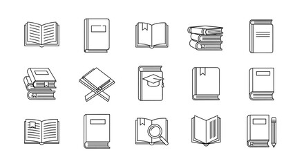 Book icons line set. Open book, closed book, stack. Education, study, reading, knowledge concept. Library, literature symbol. Graduation cap, bookmark, magnifying glass vector.