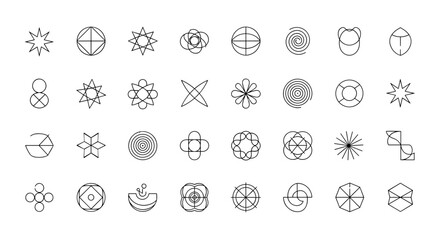 Minimalist geometric shapes collection abstract symbols sacred geometry mandala patterns vector set icons line art sacred circle star spiral polygon design elements logo graphics