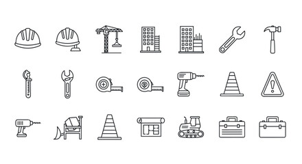 Construction line icons set. Building industry tools and engineering equipment. Vector symbols collection with helmet, crane, wrench, hammer, drill, blueprint and bulldozer.