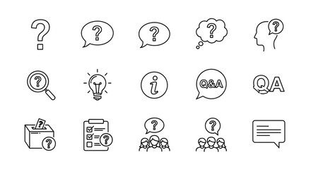 Question and Answer line icon set. Contains such icons as FAQ, help, support, quiz, survey. Search information, problem solving, communication, forum, feedback. Editable stroke.