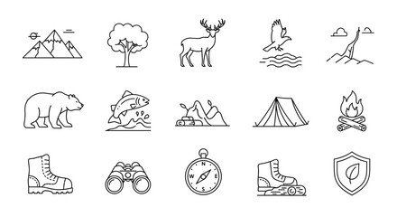 Big set of thin line icons for camping, hiking, and outdoor adventure. Vector symbols of nature, wildlife, and travel. Includes mountain, forest, bear, deer, tent, campfire.