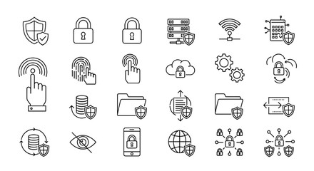 Cybersecurity thin line icon set. Digital data protection, privacy, internet network security. Vector outline pictograms. Shield, lock, server, cloud, fingerprint, folder.