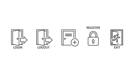 User interface authentication icons login logout register padlock security exit door entry. Web application access control elements. Vector line illustrations