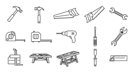 Obraz premium Set of construction tools line icons. Carpentry, woodworking, and repair instruments collection. Vector graphic with hammer, saw, drill, wrench, and workbench for DIY projects.
