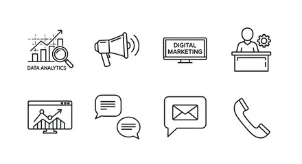 Data analytics & digital marketing icon set. Business communication, customer service, promotion, report, analysis. Line art symbols for email, chat, phone support, statistics.