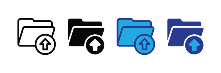 Folder upload icon set in different styles outline, solid black, blue gradient, and solid blue, isolated on transparent background