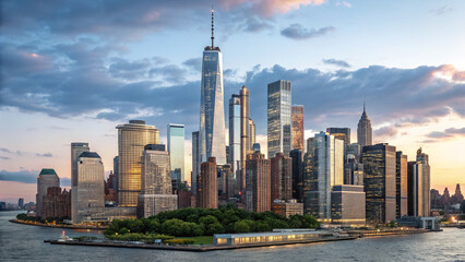 Obraz premium An aerial view of the new york city skyline at dusk with the one world trade center in the background