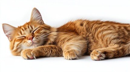 Fototapeta premium Ginger cat sleeping on white background
