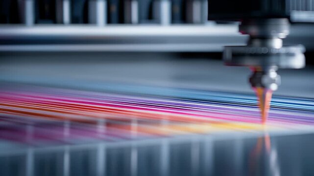 Precision printing process captured in three sequential frames, showcasing vibrant colors being applied to a surface, with a gradual zoom in on the nozzle action
