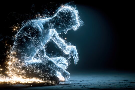 Abstract figure of blue glowing particles kneeling in a digital composition