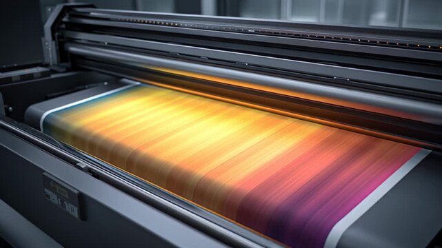 High-quality printer in action, producing vibrant gradient print, showcasing dynamic color flow, with camera dolly movement capturing the continuous scene progression