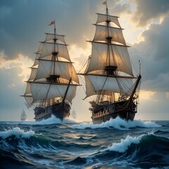 sailing ships at sunset