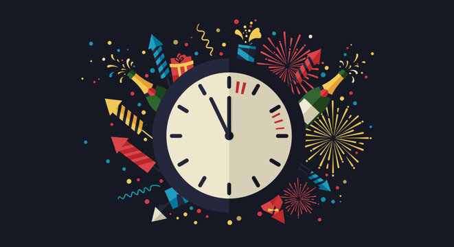 This flat design vector illustration captures the excitement of a New Year's Eve countdown, featuring a clock approaching midnight amidst festive confetti, champagne, and stylized fireworks.