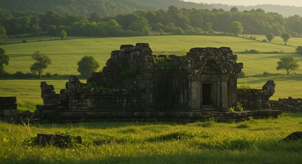 Ancient stone temple ruins sit in a sunlit meadow against a backdrop of rolling green hills