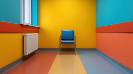 A vibrant corner room featuring a blue chair against colorful walls of yellow and turquoise, complemented by a sleek radiator and patterned flooring.
