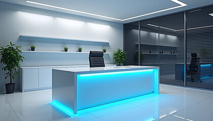 Futuristic Office Reception Desk with Blue LED Lighting