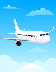 Obraz premium A white passenger aircraft soaring through a bright blue sky with fluffy white clouds around it