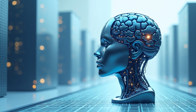 Futuristic robot head with glowing brain and city background - Powered by Adobe