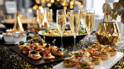 Elegant New Year's Eve or holiday party setting with champagne flutes, gourmet canapés, and festive gold and black decorations with bokeh lights.	