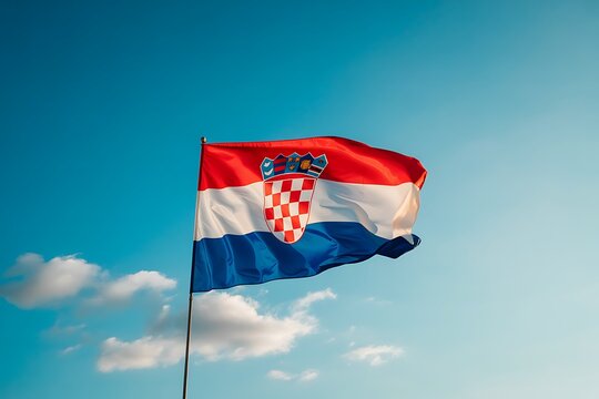The vibrant croatian flag proudly waves against a clear blue sky with fluffy white clouds scattered across the horizon