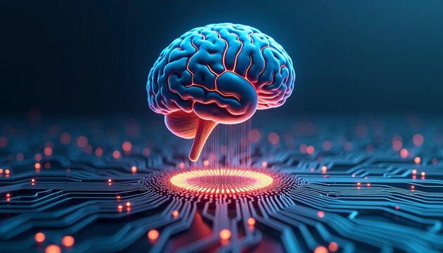 Human Brain on Glowing Circuit Board with Red Accents