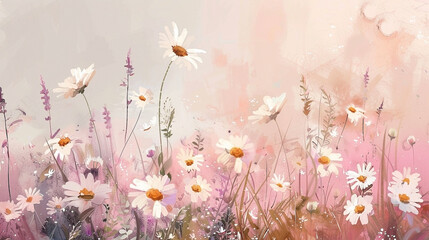 Delicate daisy meadow painting with pastel colors, embodying springtime serenity
