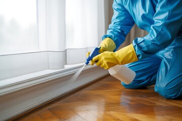 Professional cleaner in protective suit and gloves meticulously sanitizing a baseboard with a spray bottle and cloth