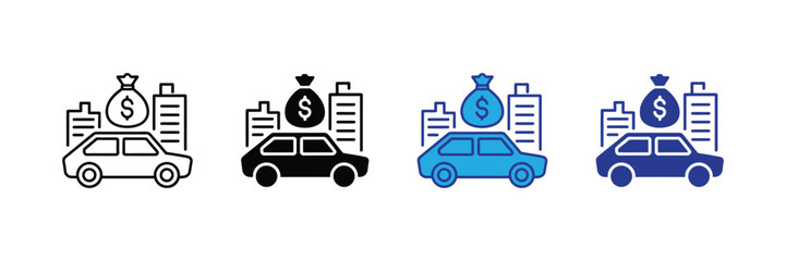 Car with money bag and buildings icon set, representing car loan, financing, investment, and urban wealth isolated on transparent background