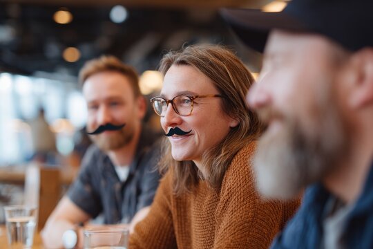 Lively gathering showcasing friends with playful mustaches, emph