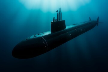 A sleek dark military submarine navigates the deep blue ocean depths its silhouette illuminated by faint sunlight filtering from above