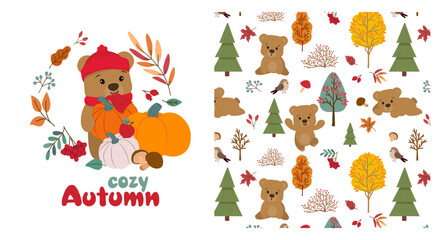 Fototapeta premium Charming vector illustration featuring a cute bear in an autumn setting with pumpkins, leaves, and trees. Ideal for seasonal designs and playful autumn-themed projects.
