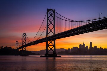 Obraz premium Iconic san francisco bay bridge illuminated against a vibrant sunset sky with the city skyline in the background