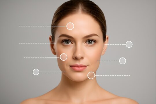 Woman's face with diagram showing botox injection points.