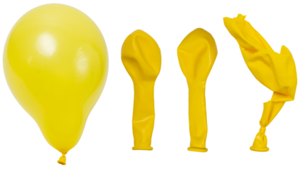 Isolated set of yellow inflated, deflated and torn balloon on a white background