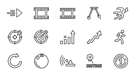 Simple line icon set about motion, speed and progress. Contains icons as target, goal, action, success, film, animation, newtons cradle, physics, running, growth.
