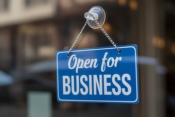 A blue rectangular sign with white cursive text reading open for business hangs from a clear suction cup on a glass door