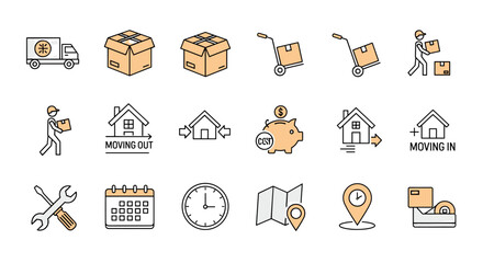 Moving and relocation line icon set. House moving service business symbols. Logistics and delivery concept. New home, packing, transport vector elements. Truck, box, tools.