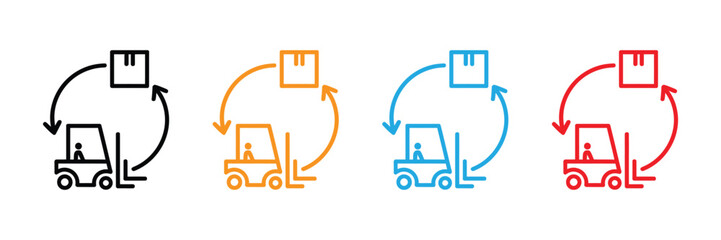 Set of four simple line icons representing a forklift moving a box in a circular motion, isolated on transparent background
