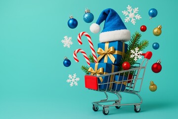 Christmas shopping cart filled with blue gift boxes, candy canes, baubles, snowflakes, and Santa hat on turquoise background. Ai generative. Ai generative