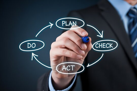 Businessman drawing the plan do check act cycle diagram on a transparent screen for business process improvement and quality management strategies - Powered by Adobe