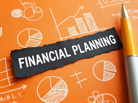 Torn black paper strip with the words financial planning written in white text rests on an orange background with hand drawn charts and graphs